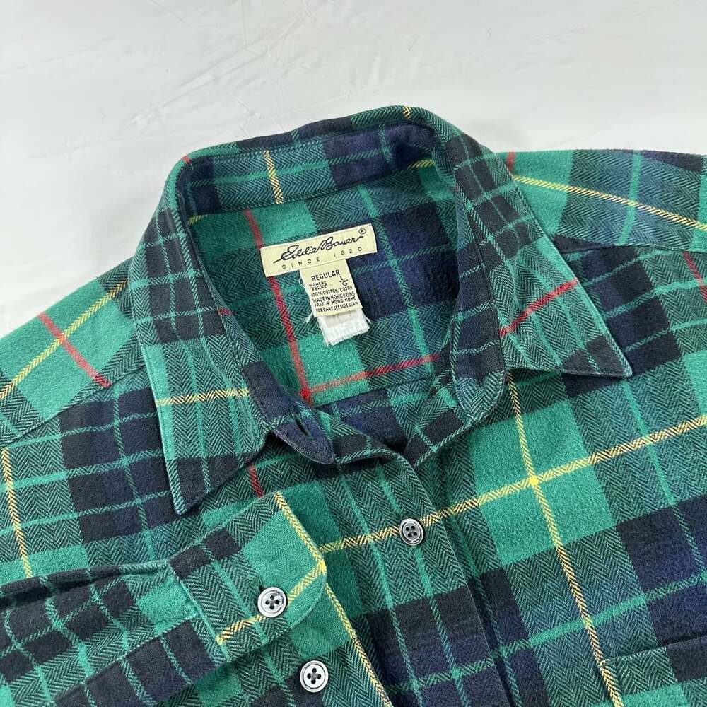 Vintage 90s Eddie Bauer Womens Plaid Flannel Shirt Large Green Blue Button Up